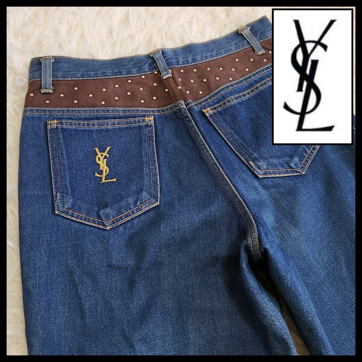 【希少】Yves Saint Laurent イヴサンローラン YSL 金ボタン 刺繍ロゴ ビジュー デニムパンツ 40 L拍卖