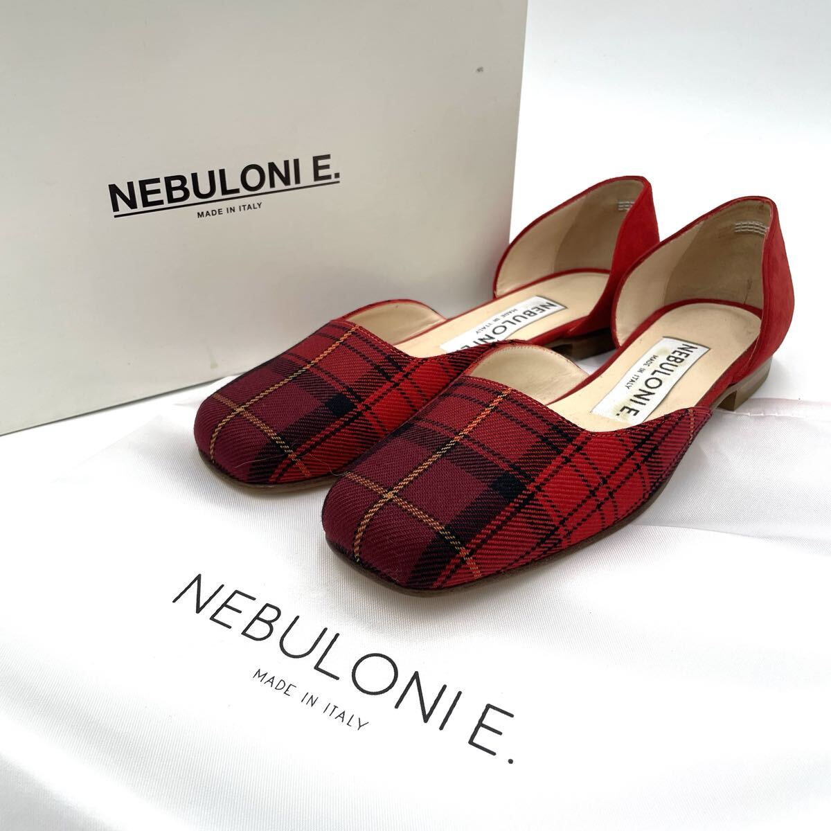 2 ○ 洗練されたデザイン 'イタリア製' NEBULONI E ネブローニ チェック柄 フラット パンプス 36 23cm レディース シューズ レッド 箱付き拍卖