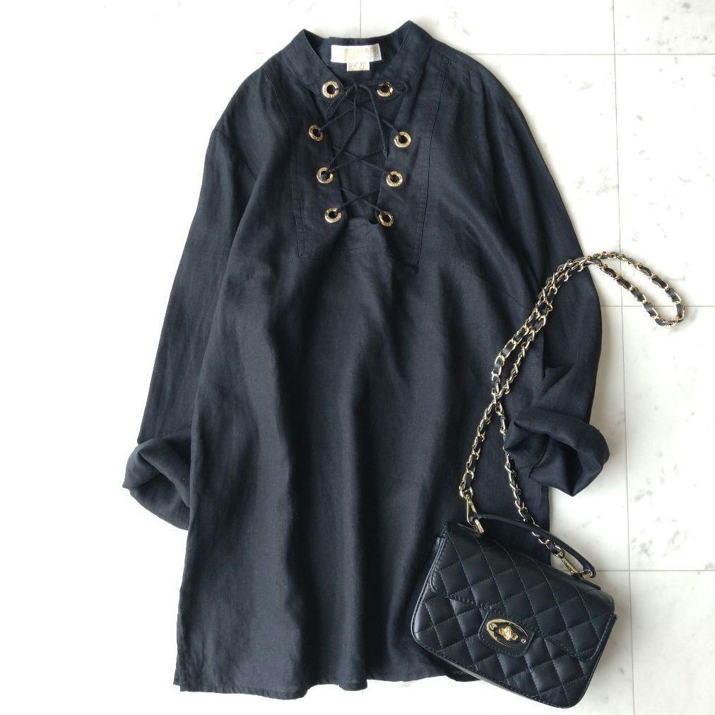 050 マイケルコース MICHAEL KORS 麻 リネン100% レースアップ ブラウス シャツ チュニック ブラック 黒 レディース拍卖