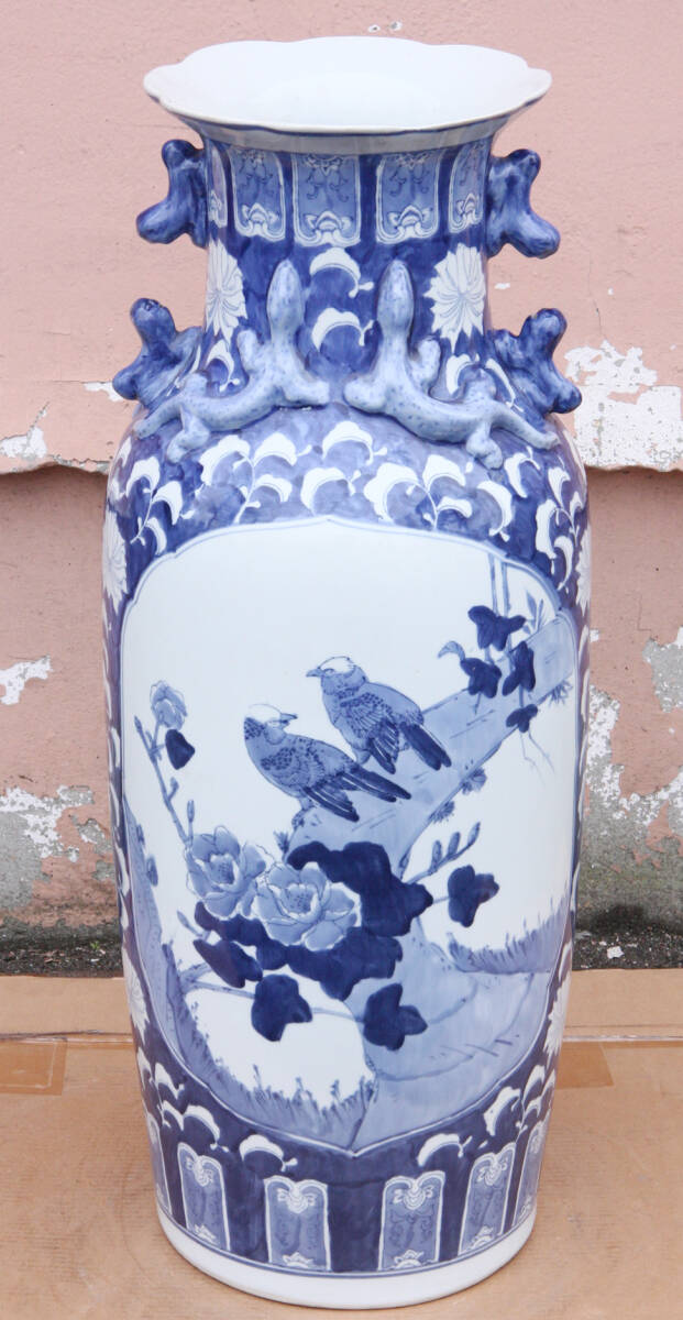 飾り壷 青花 磁器 全高約 77cm 花鳥 染付 大型 花瓶 双耳 古美術 アンティーク レトロ インテリア *18拍卖