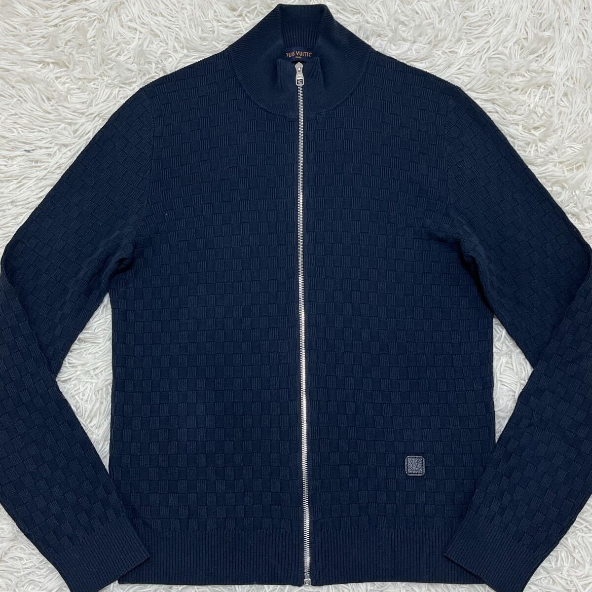 極美品 Lサイズ ルイヴィトン LOUIS VUITTON ドライバーズニットセーター 薄手 ダミエ ジップ メンズ ロゴ レザー ネイビー 紺 ジャケット拍卖