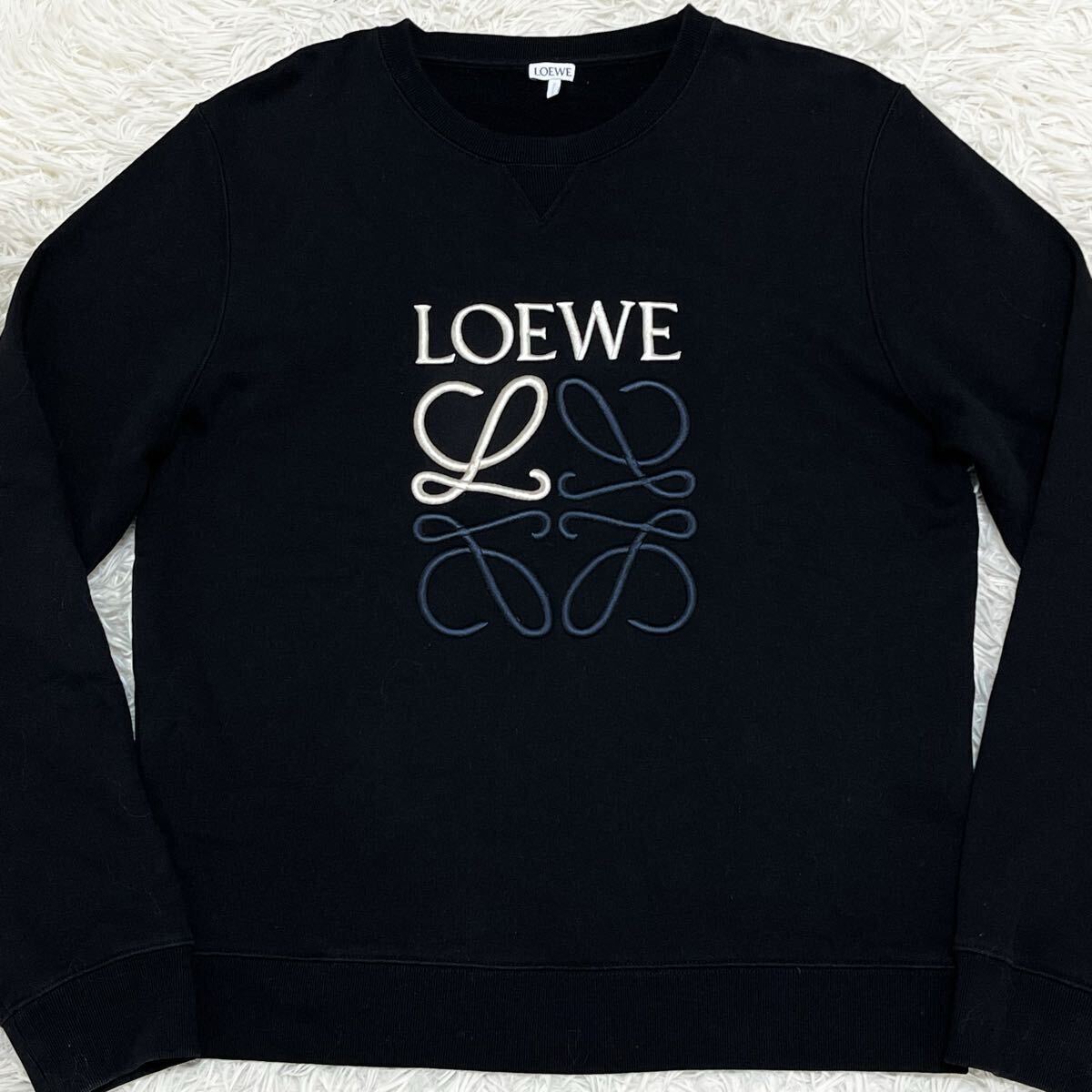 極美品 XLサイズ ロエベ LOEWE トレーナー スウェット トップス アナグラム 刺繍 ビッグロゴ ブラック 黒 メンズ コットン 長袖拍卖