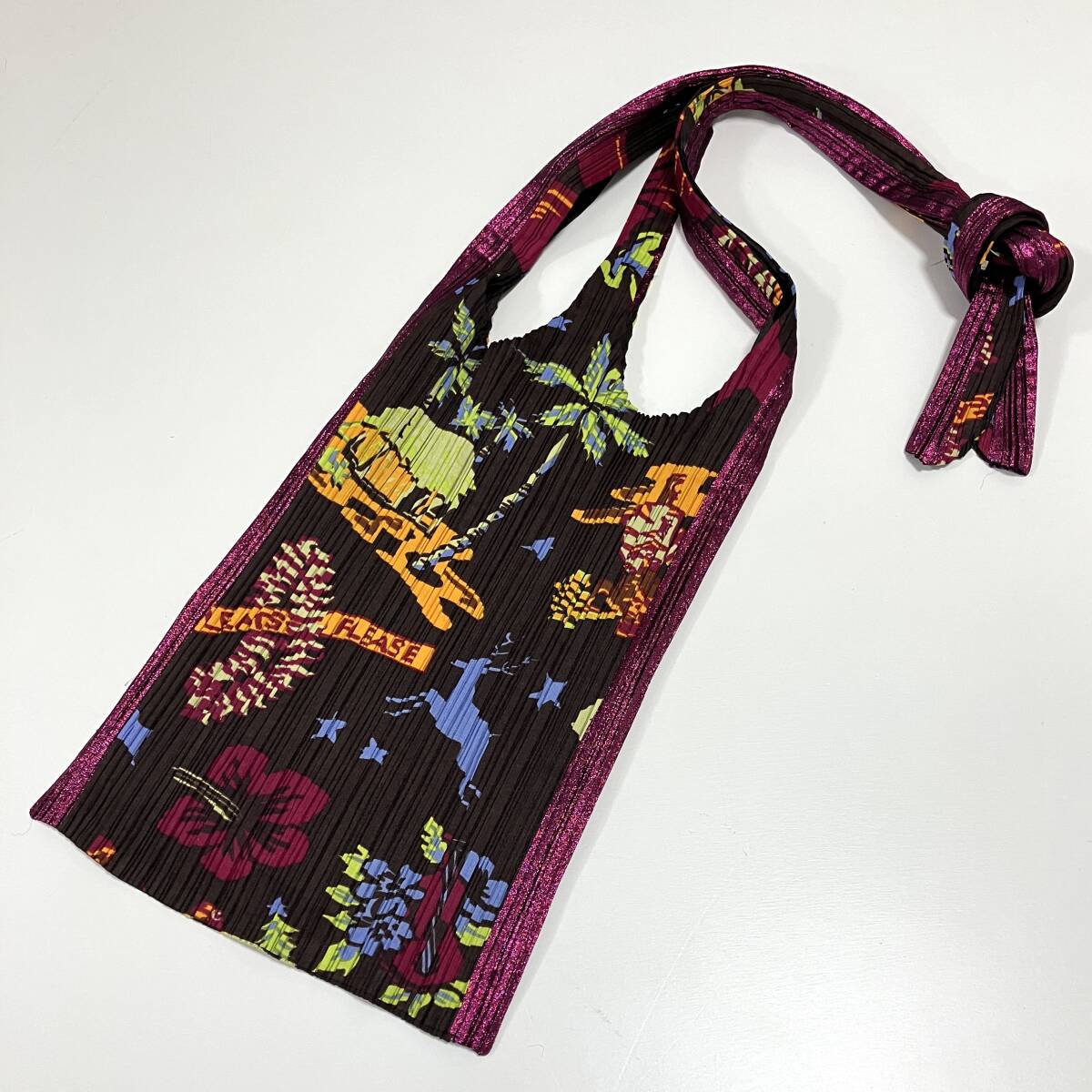 ISSEY MIYAKE PLEATS PLEASE フラガール ハイビスカス 総柄 プリーツ ラメ ショルダーバッグ 茶系 鞄 カバン トートバッグ archive 5070410拍卖
