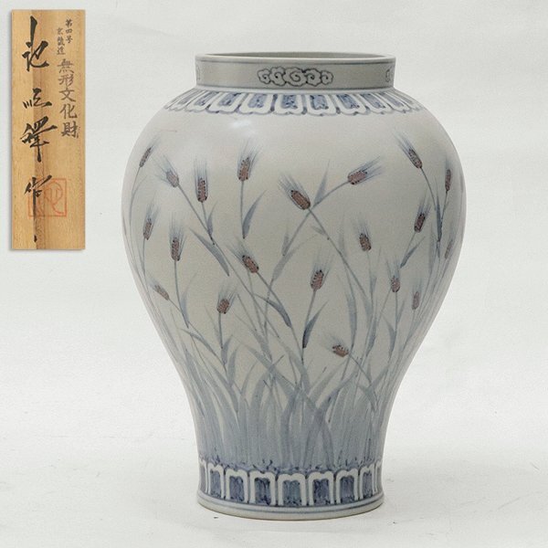 【TAKIYA】8258 池順鐸 『白磁染付辰砂麦文壺』 共箱 高さ約44cm 浅川伯教 花器 花瓶 韓国人間文化財(人間国宝)拍卖
