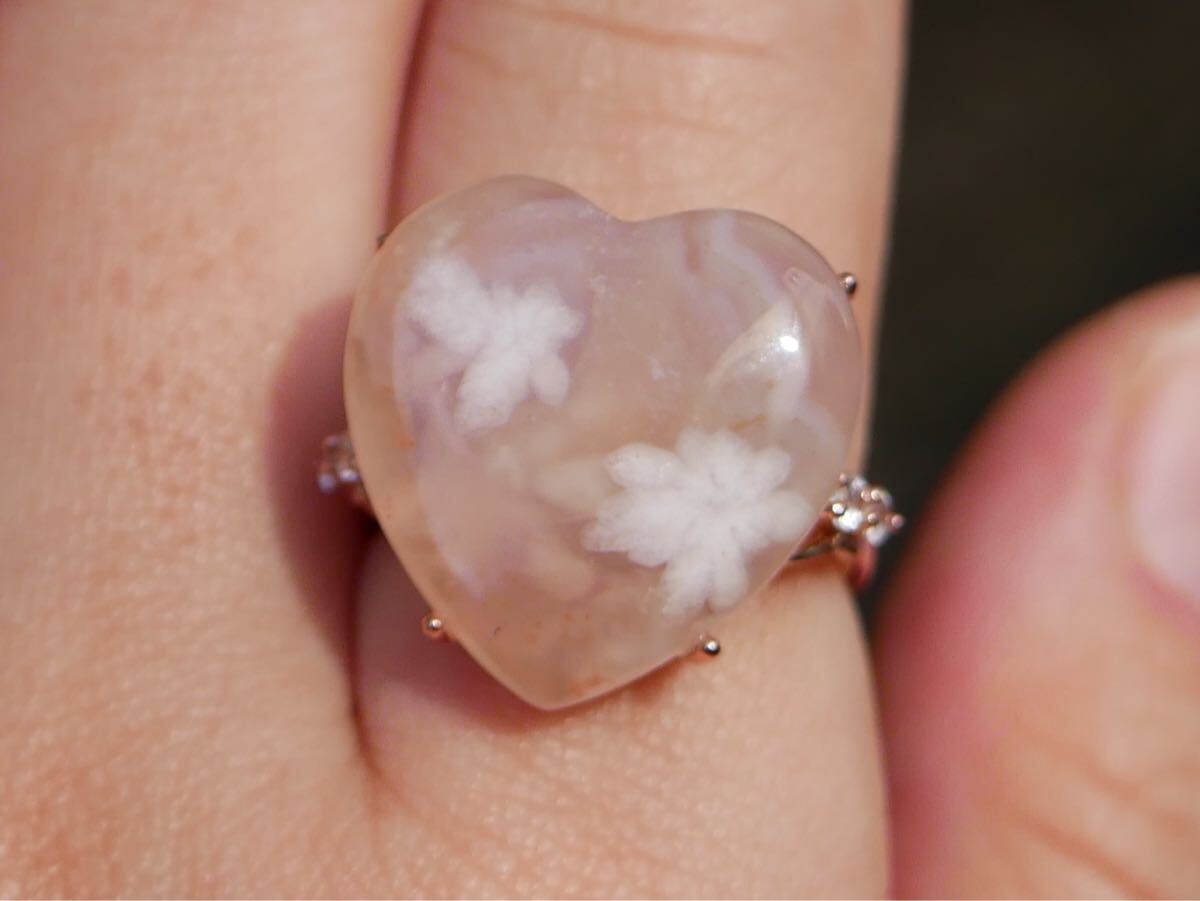 桜瑪瑙 ハートリング Sakura Agate 花模様2つ 天然石 Silver925 フリーサイズ 一点物拍卖