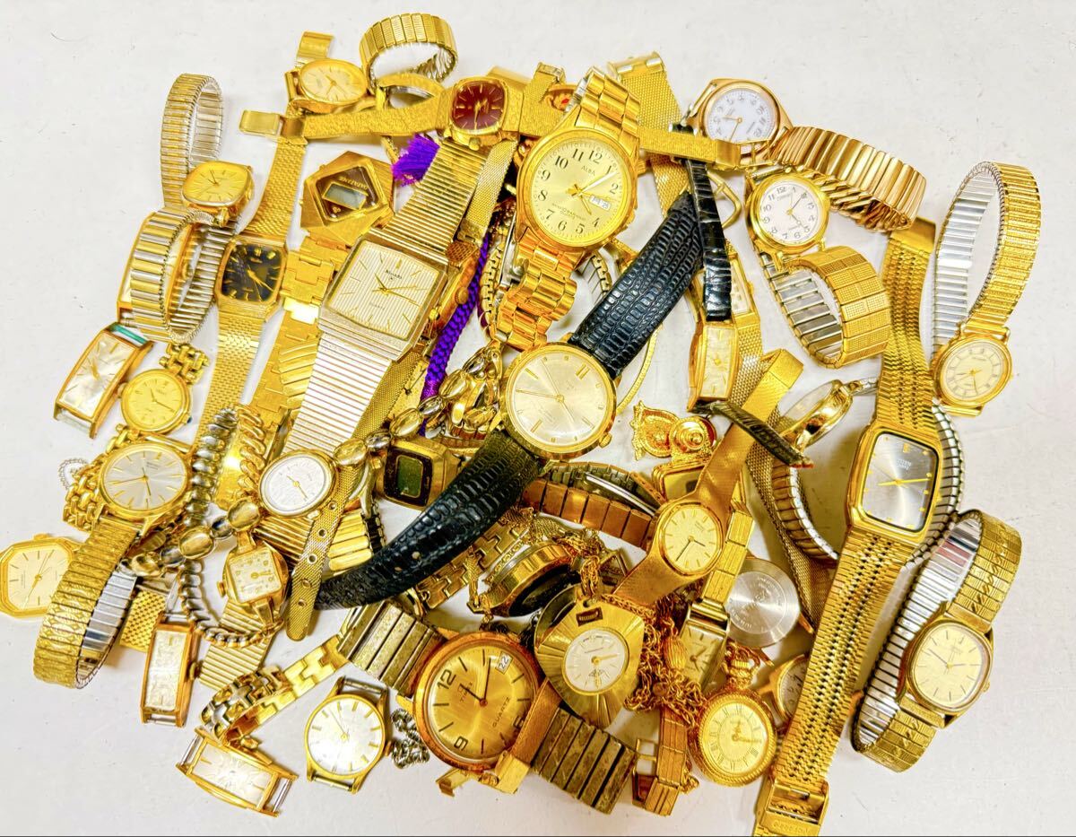 ゴールドカラー 金色 腕時計 大量セット セイコー シチズン 14KGF 金張り 他 等50本まとめてジャンク品 機械式 クォーツ 個 点 kg H26拍卖