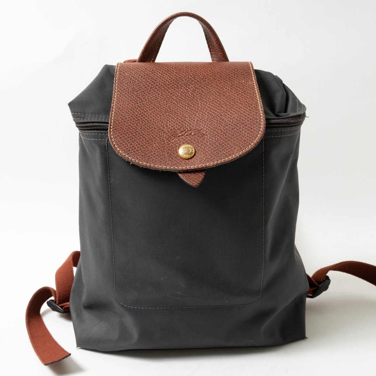 【1円スタート】Longchamp ロンシャン ル プリアージュ バックパック リュック レザー ナイロン フラップ式ファスナー開閉 グレー 鞄 bag拍卖