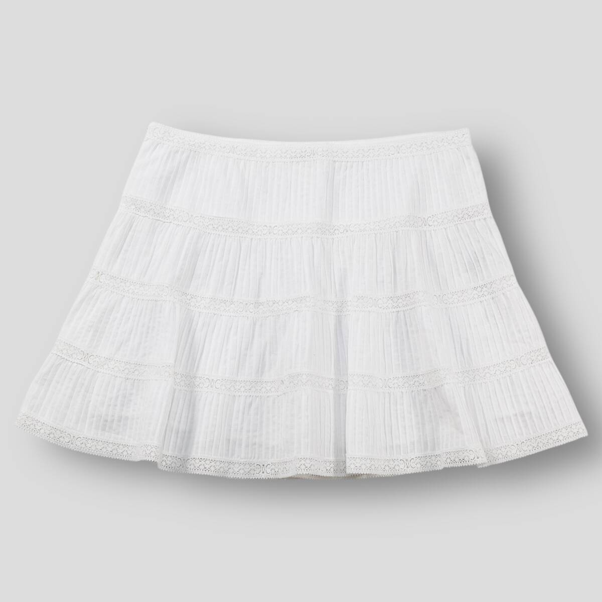 新品 CELINE 25SS 刺繍入りトリム ミニスカート / コットンバチスト RJ000658R.01BC 40 ホワイト トリオンフ レース プリーツ ティアード拍卖