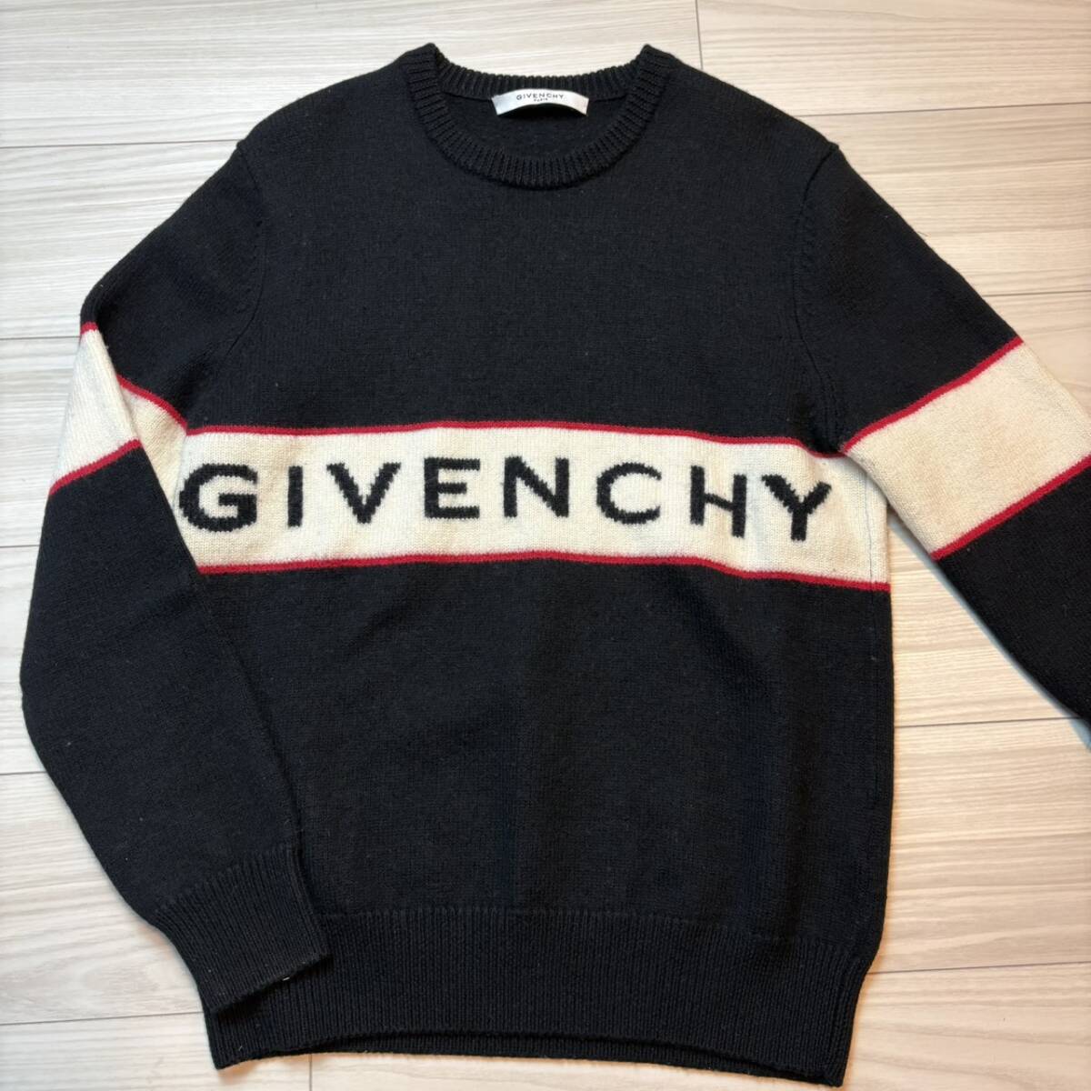 115『極美品・現行タグ』 GIVENCHY ジバンシィ ジバンシー メンズ ビッグロゴ ジャガード ロゴ ウール ニット セーター ブラック Lサイズ拍卖