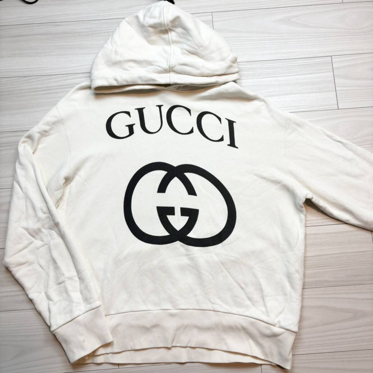 17『美品・現行タグ』 GUCCI グッチ メンズ ビッグロゴ インターロッキング パーカー フーディ スウェット アイボリー Mサイズ ミケーレ期拍卖