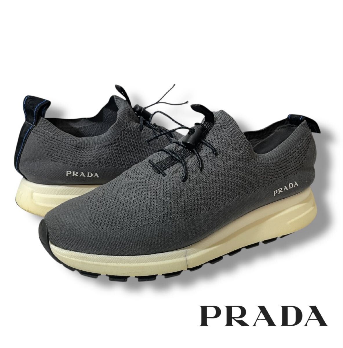 正規品 PRADA Knit Fabric Mens Sneakers プラダ ファブリック ニット メンズ スニーカー シューズ グレー拍卖