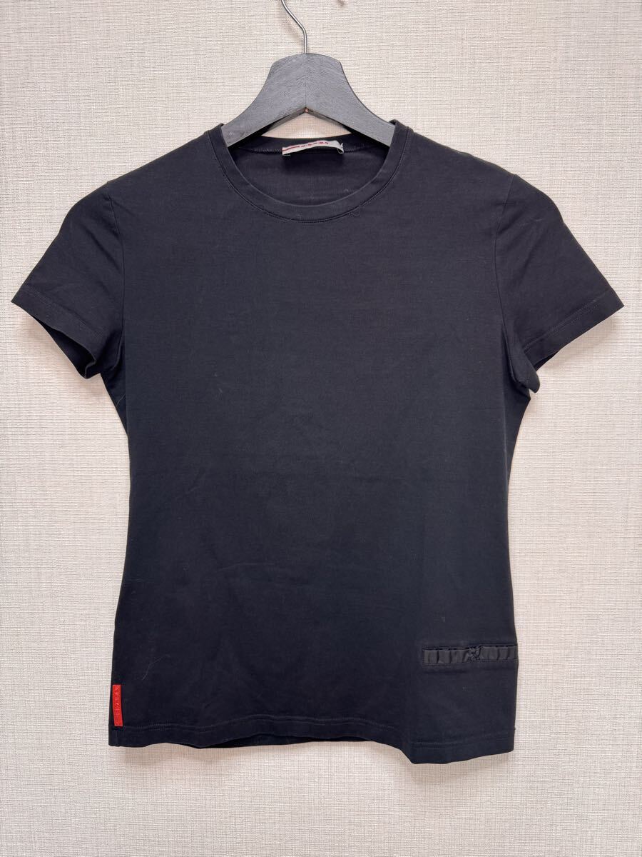 1円 美品 PRADA プラダ 半袖 Tシャツ トップス ブラック シンプル クルーネック 黒 ストレッチ カットソー拍卖
