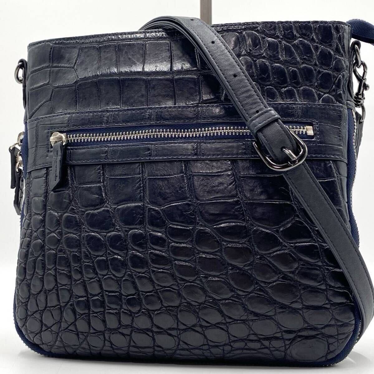 定価46万円!!!【極美品】リアルクロコダイル レザー メンズビジネス ショルダーバッグ サコッシュ ワニ革 本革 斜め掛け ダークネイビー 紺拍卖