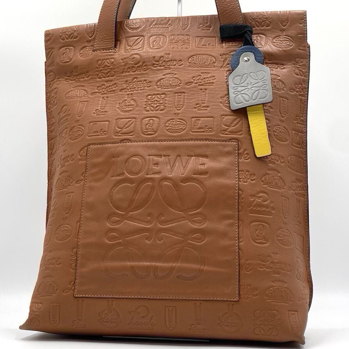 ロエベ【170周年記念!!!超希少/美品】LOEWE アナグラム ショッパー トートバッグ レザー エンボス ロゴ型押し A4 肩掛け ビジネス キャメル拍卖