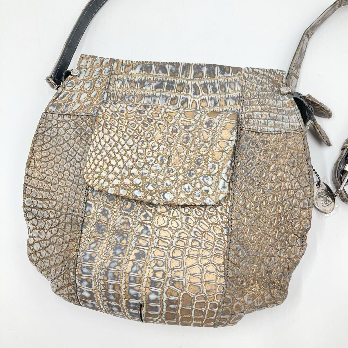 【超美品!!!JRA認定!!!】HOMMON ホンモン 目地染め リアル クロコダイル マット ショルダーバッグ 本 ワニ革◎金 銀 シルバー ゴールド拍卖