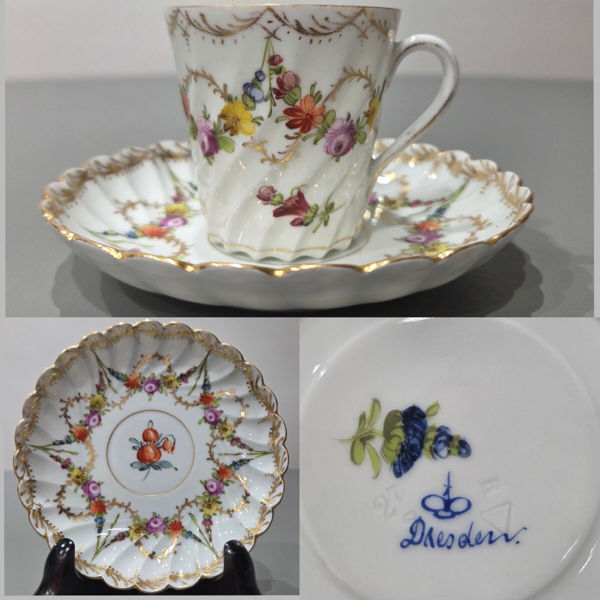4☆ ドレスデン Dresden デミタス カップ&ソーサー 金彩 花柄 ハンドペイント 洋食器拍卖