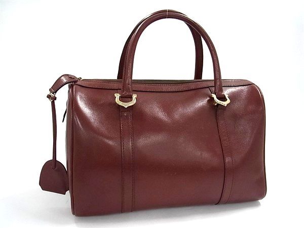 1円 Cartier カルティエ マストライン レザー ハンドバッグ ボストンバッグ レディース メンズ ボルドー系 BN9143拍卖