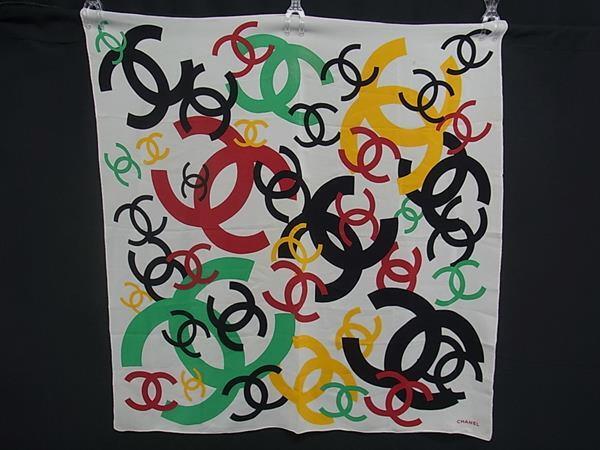 1円 CHANEL シャネル ココマーク シルク100% 大判 スカーフ ストール ショール レディース ホワイト系×マルチカラー FT9490拍卖