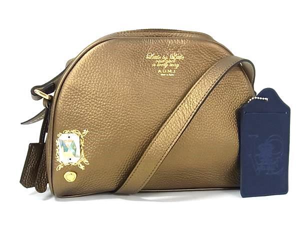 1円 ■新品同様■ ADMJ エーディーエムジェイ レザー ビジュー クロスボディ ショルダーバッグ 斜め掛け レディース ブロンズ系 FH5624拍卖