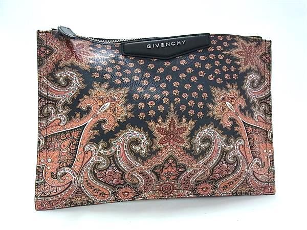 1円 ■新品同様■ GIVENCHY ジバンシィ レザー ペイズリー柄 クラッチバッグ セカンドバッグ レディース ブラック系×オレンジ系 FM4304拍卖