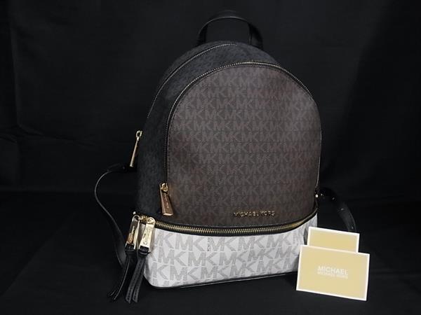 1円 ■極美品■ MICHAEL KORS マイケルコース MK柄 PVC×レザー リュックサック デイパック アイボリー系×ブラック系×ブラウン系 GA8988拍卖