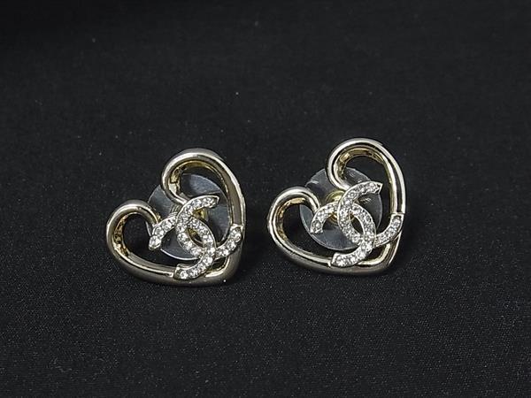 1円 ■美品■ CHANEL シャネル ココマーク ラインストーン ハート ピアス アクセサリー レディース シャンパンゴールド系 FT5134拍卖