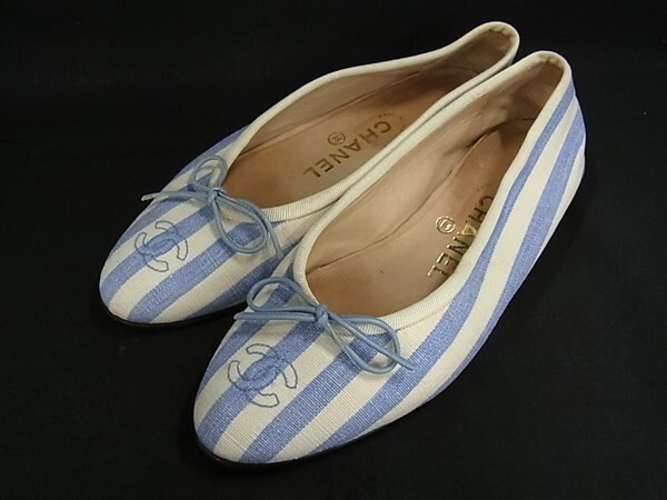 1円 CHANEL シャネル ココマーク キャンバス リボン パンプス 表記サイズ 37 (約24.0cm) 靴 シューズ レディース ライトブルー系HA0604拍卖