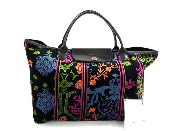 1円 ■美品■ LONGCHAMP ロンシャン ルプリアージュ ベロア×レザー ペイズリー柄 ハンドバッグ トート ブラック系×マルチカラー FZ0413拍卖