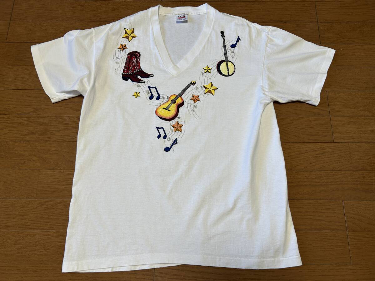 90s USA製 ヴィンテージ カントリーミュージック Vネック anvil イラスト 半袖 Tシャツ 音楽 楽器 ウエスタン ギター バンジョー拍卖