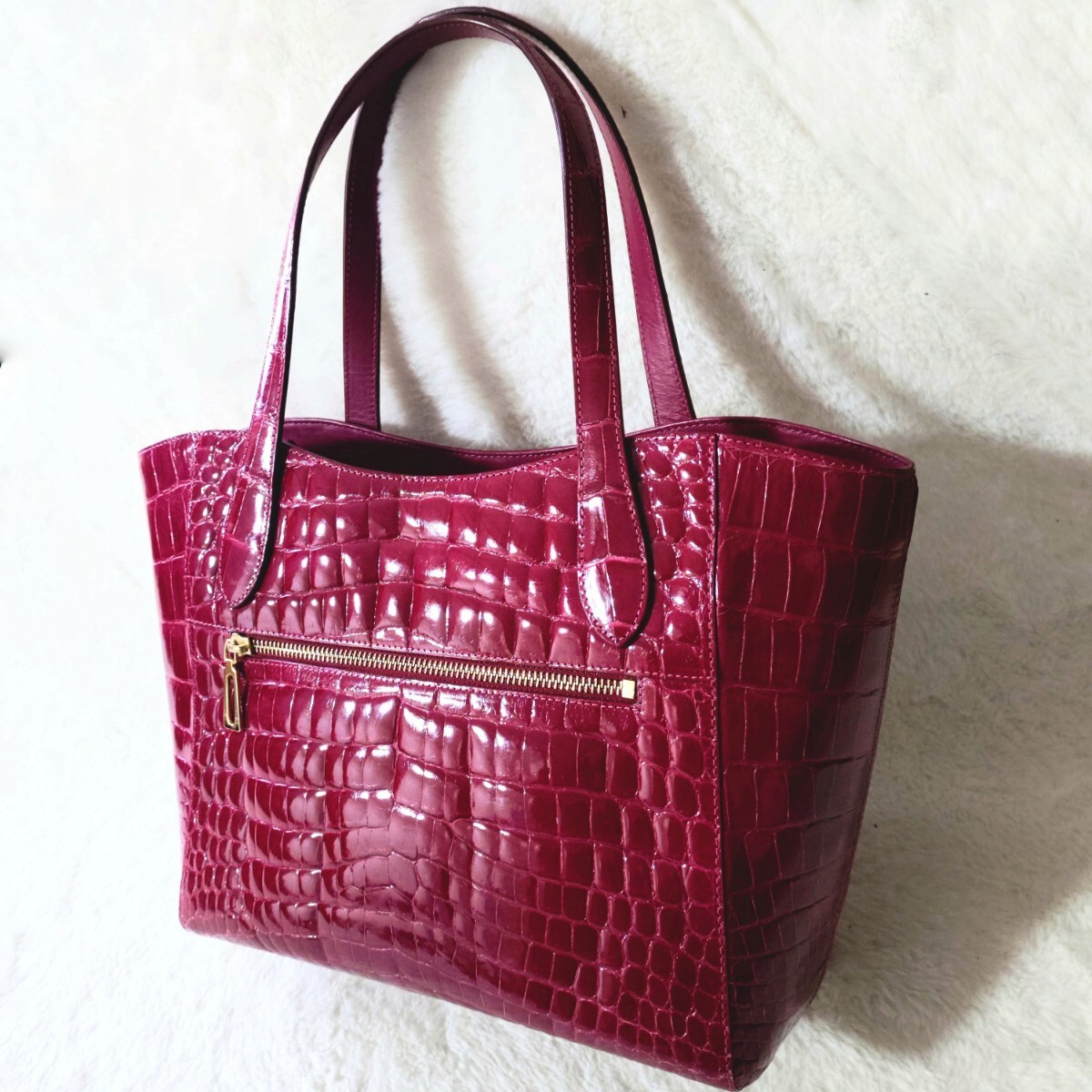 クロコダイル ワニ革 鰐革 エキゾチックレザー ハンドバッグ トートバッグ ピンク A4可能 シャイニング 高級 ゴールド金具拍卖
