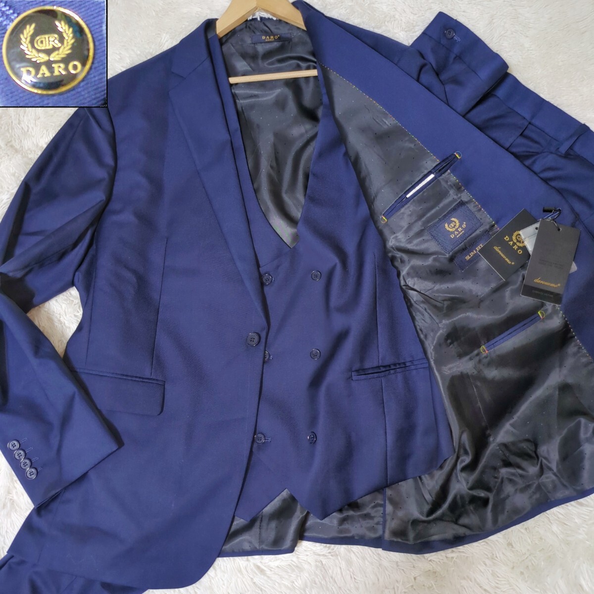 タグ付 4L/3XL DARO UOMO/ダロウォモ 3ピース スーツ/セットアップ/テーラード/ジャケット/ジレ ベスト/スラックス パンツ ブルー ビジネス拍卖