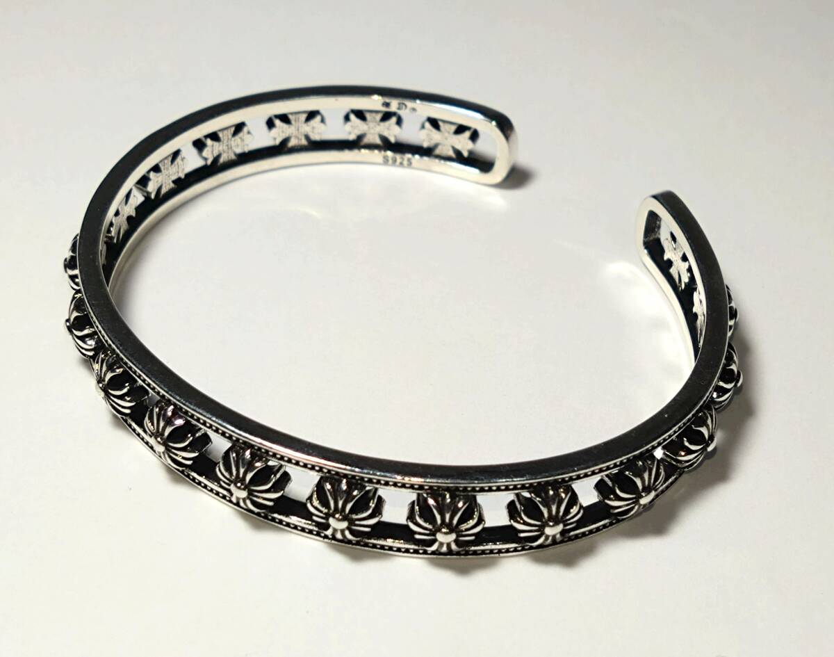 【S925刻印】シルバーフローラルクロスバングルブレスレット(18CM~22CM調整可能) メンズ 透かし彫りフローラルクロス / ゴシックパンク拍卖