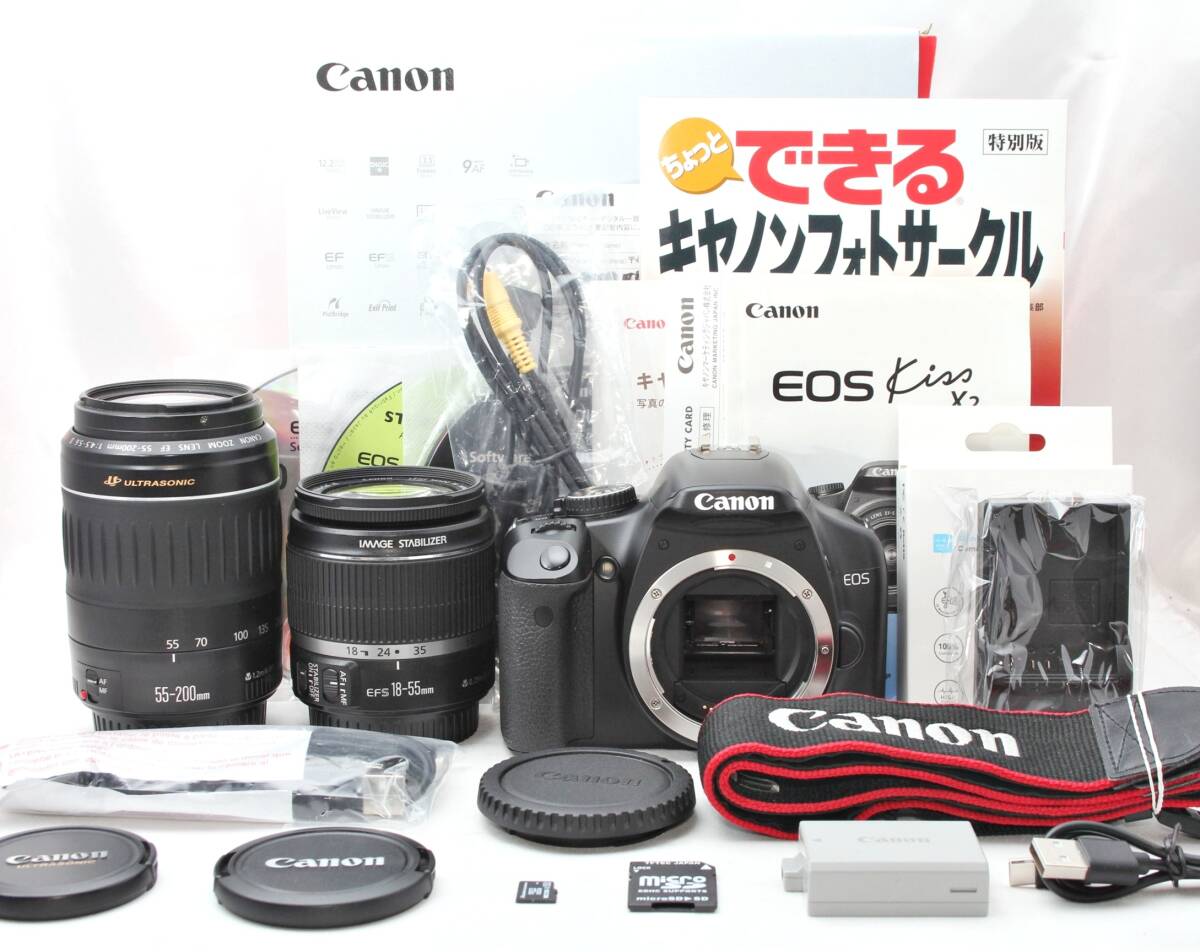 ★【動作〇 極上美品 初心者おすすめ レンズキット】 Canon EOS Kiss X2 ★ EF-S18-55mm IS EF55-200mm II USM ★SDカード望遠レンズセット拍卖
