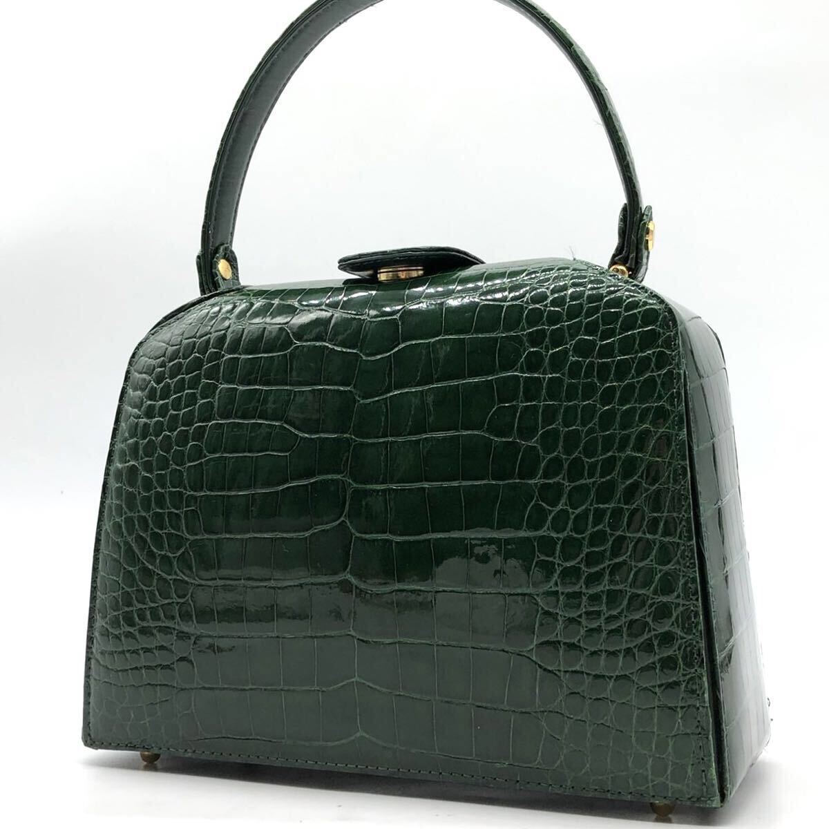 5683【最高級】シャイニングクロコ ハンドバッグ クロコダイル リアルレザー エキゾチック トップハンドル グリーン 鰐 ワニ革 拍卖