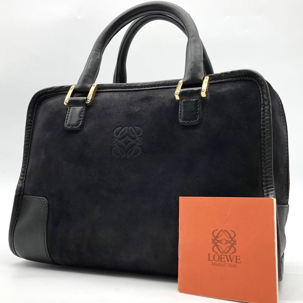 5594【最高峰】LOEWE ロエベ ハンドバッグ ミニボストン 手提げ アマソナ28 アナグラム ロゴ型押し スエード レザー 本革 ブラック 黒拍卖
