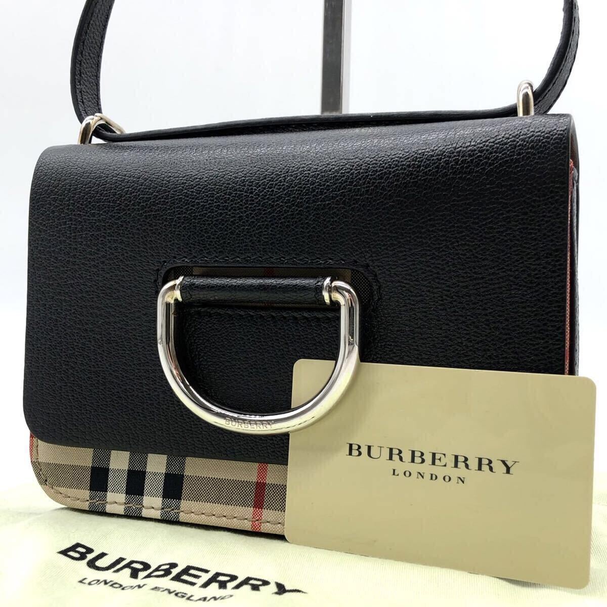 5710【ほぼ未使用・近年モデル】BURBERRY バーバリー ショルダーバッグ ポシェット 斜め掛け ノバチェック Dリング キャンバス レザー 本革拍卖
