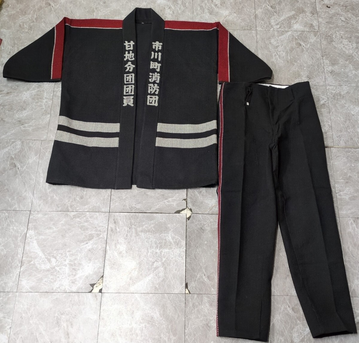13.刺子生地 消防団 状態良好 厚手 ヘビーウェイト ジャパンヴィンテージ 羽織 法被 半纏 パンツ JAPAN VINTAGE メンズ特大表記z604拍卖