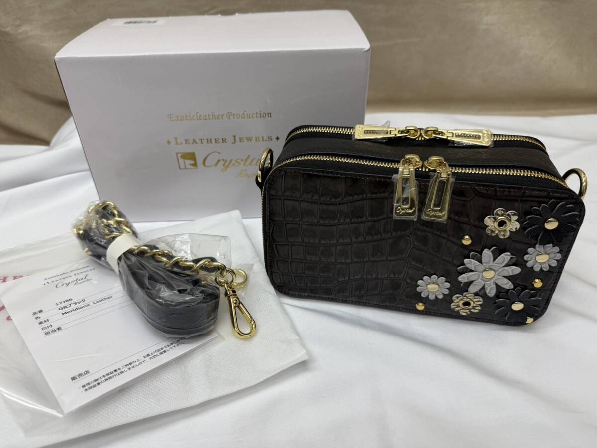 未使用保管品 LEATHER JEWELS レザージュエルズ クロコ型押し ココリュクスフラワーモチーフショルダーバッグ WA691拍卖