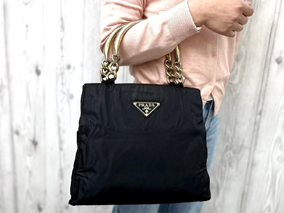 美品 PRADA プラダ テスート メタルハンドル デカ ロゴ ハンドバッグ バッグ ナイロン 黒 97205Y拍卖