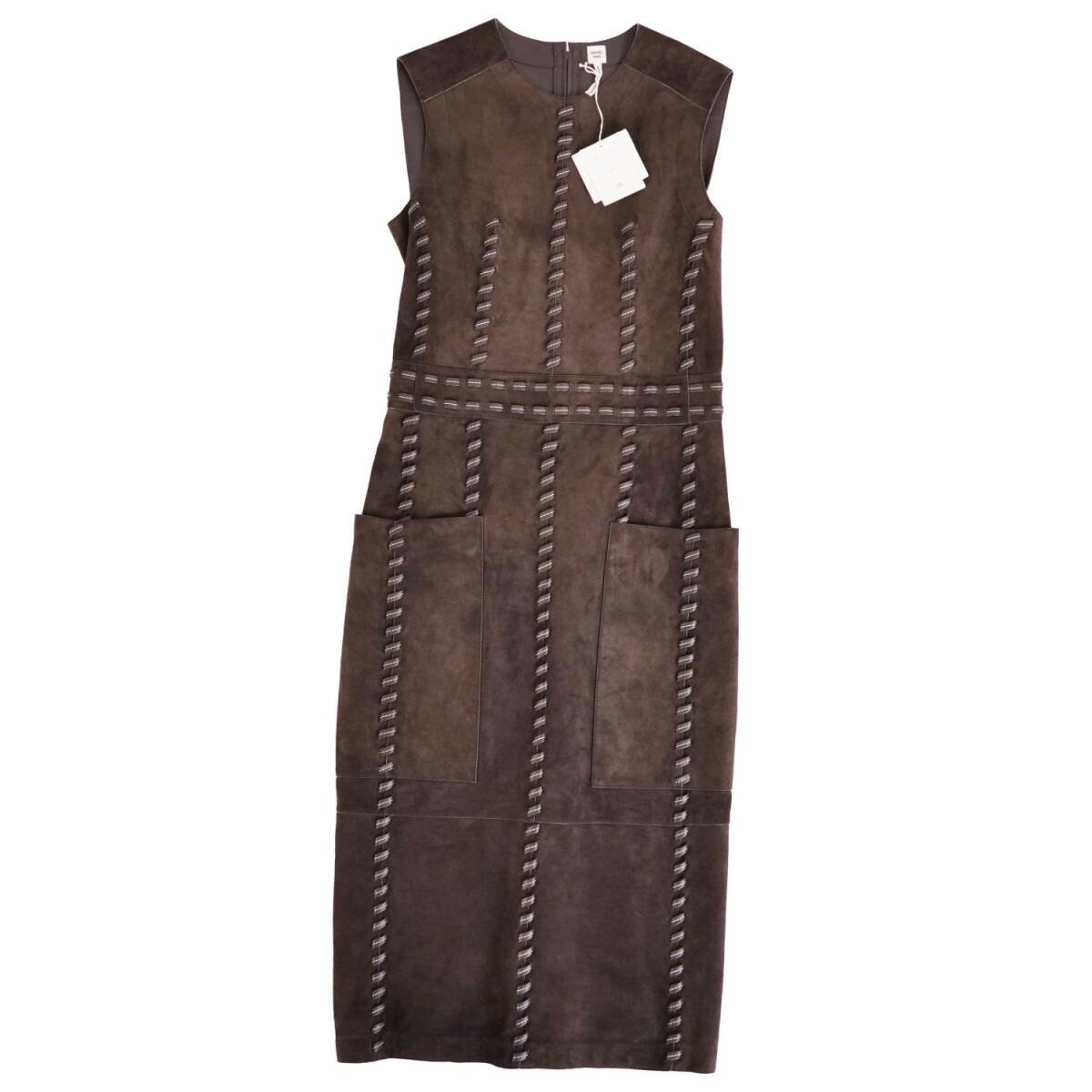 未使用 エルメス HERMES 21SS ランウェイ着 ワンピース ドレス ノースリーブ スウェード レザー トップス 36(S) 茶 cd03mt-rm07f14111拍卖