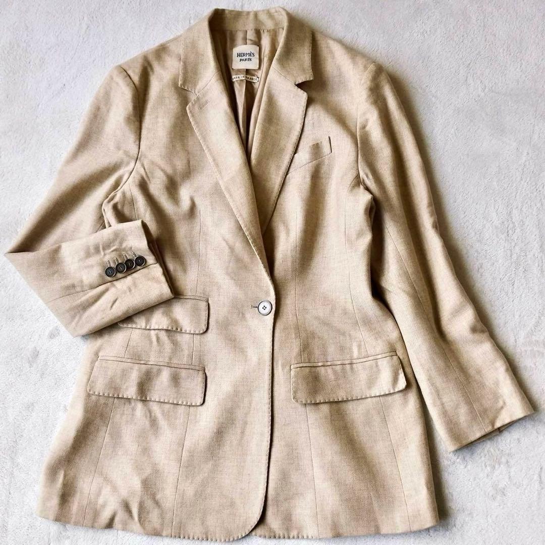 【1円~】HERMES エルメス テーラードジャケット カシミヤ100% ベージュ 総裏地 シルク100% レディース 48 メンズ シングルボタン レザー拍卖