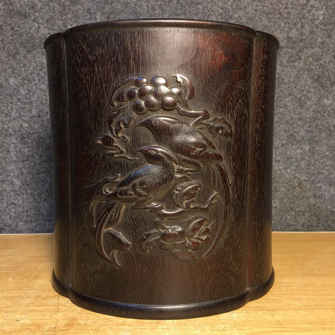 2194QN&3中国美術 旧蔵 紫檀彫刻筆筒 牛毛紋明瞭 文房具 木工芸 古美術拍卖