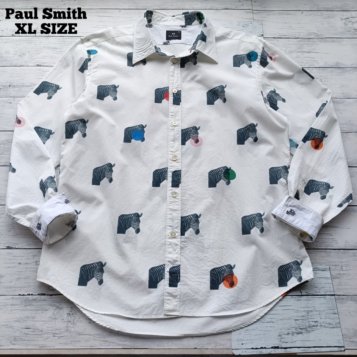 希少 XL(LL) ポールスミス 長袖シャツ ゼブラモチーフ柄 ホワイト 白 カジュアル コットン100 メンズ 日本製 PS Paul Smith拍卖
