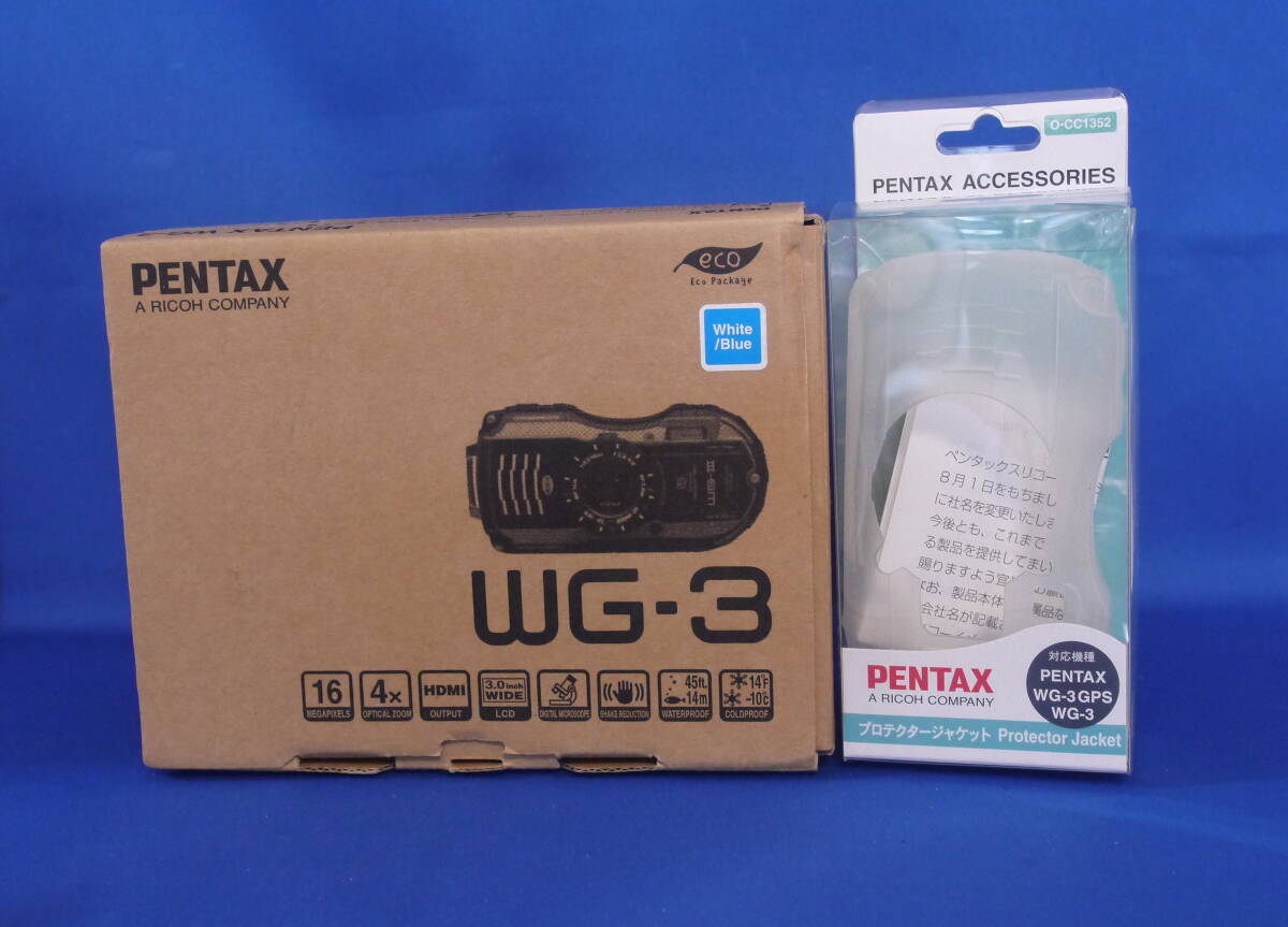 PENTAX / ペンタックス【 WG-3 】(ホワイト・ブルー)専用ジャケット / 付属品一式付 / 少難有 / 美品 !!拍卖