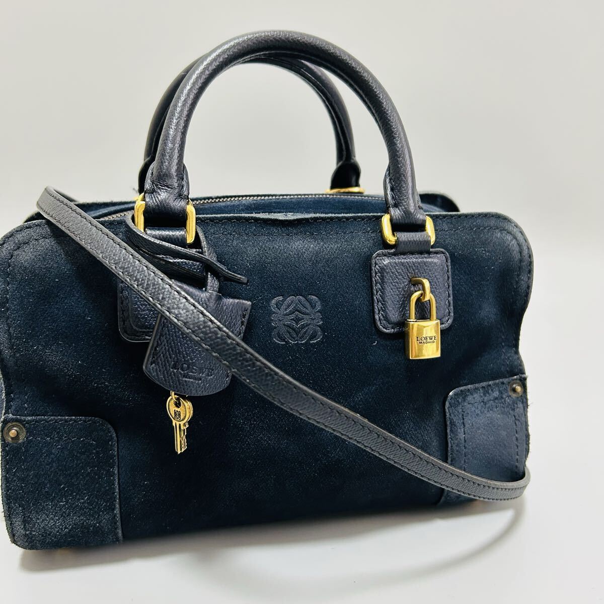 1円 LOEWE ロエベ アマソナ 23 スエード 2way ロゴ ショルダーバッグ ハンドバッグ ネイビーレディース 正規品本物拍卖