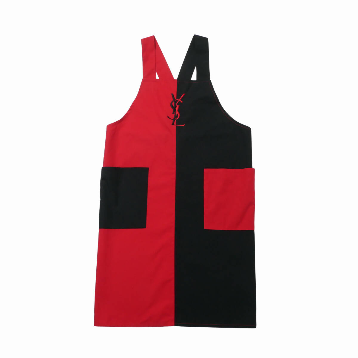 GT1901▲Yves Saint Laurent イヴサンローラン YSL バイカラー ロゴ刺しゅう エプロン バッククロス レディース レッド×ブラック系拍卖