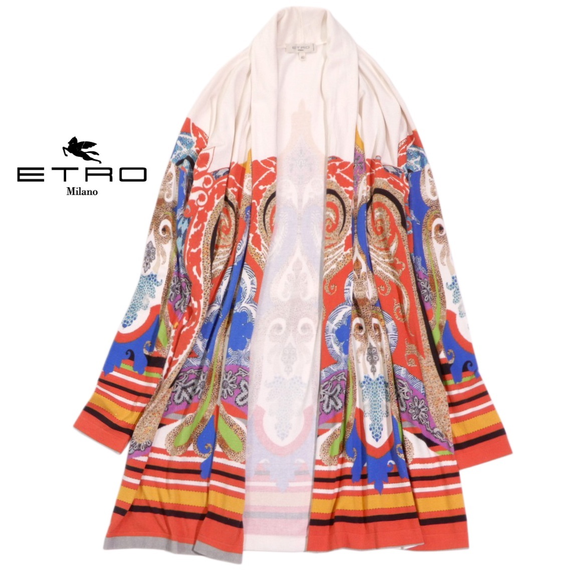 ETRO エトロ シルク ペイズリー 総柄 ロングカーディガン ショールカラー ドレープ イタリア製 40拍卖