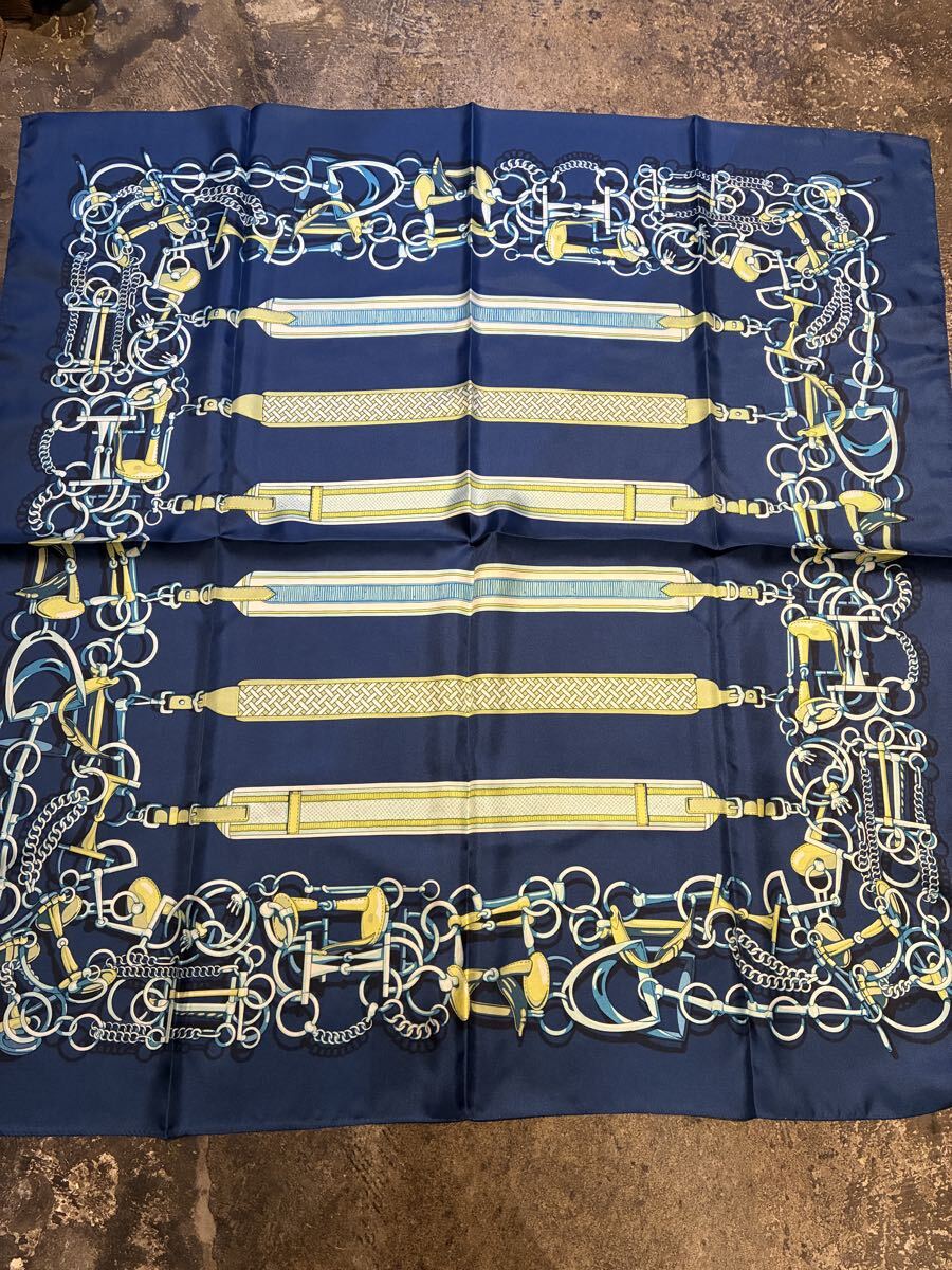 DAMA スカーフ 馬具 チェーン柄 ネイビー シルク調 大判 シルク100拍卖