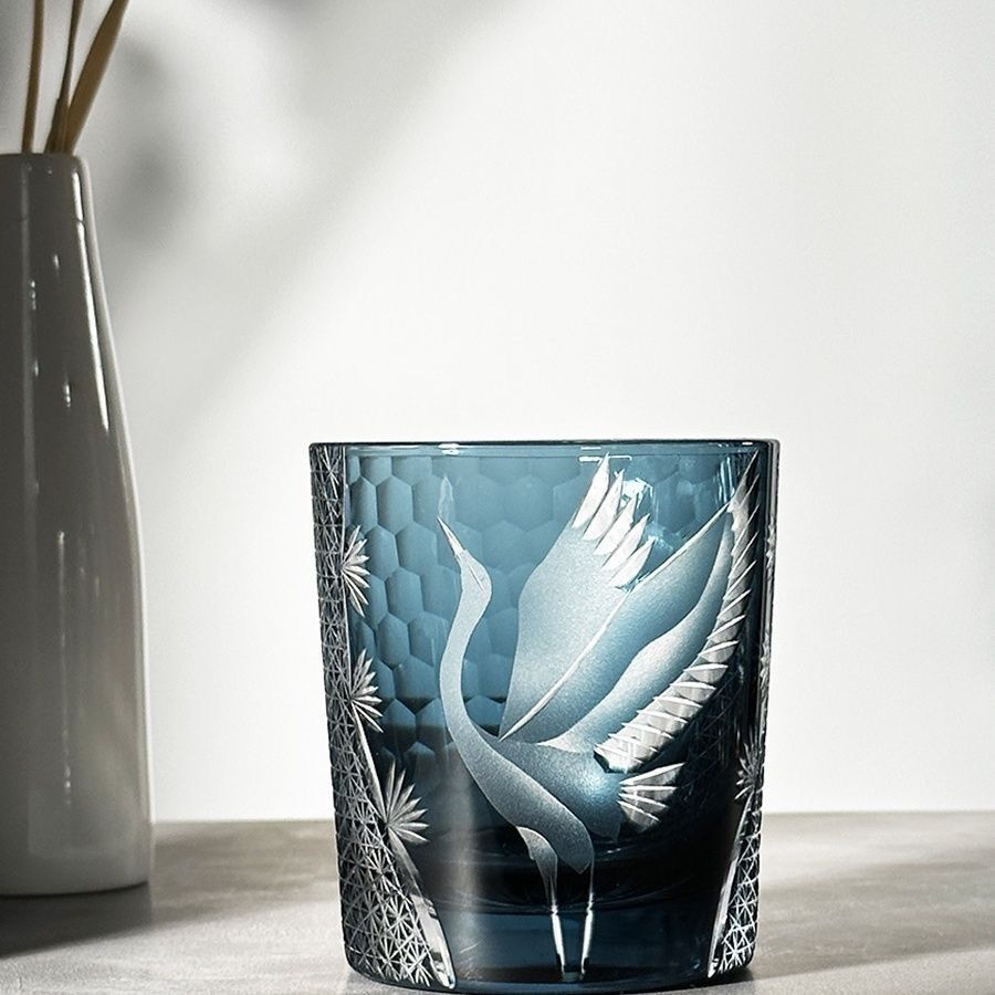 ロックグラス コップ ウィスキーガラス クリスタルガラス ガラス レトロ キレイめ 美品 青 blue☆最安値処分7-AK0083拍卖