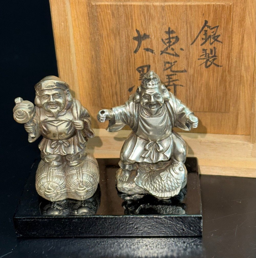 【江】金工師 雅博造 銀製 恵比寿像 大黒像 総重量約108g 銀900刻印 共箱 古美術品(七福神縁起物置物オブジェ)X2451 UTPBksoa拍卖